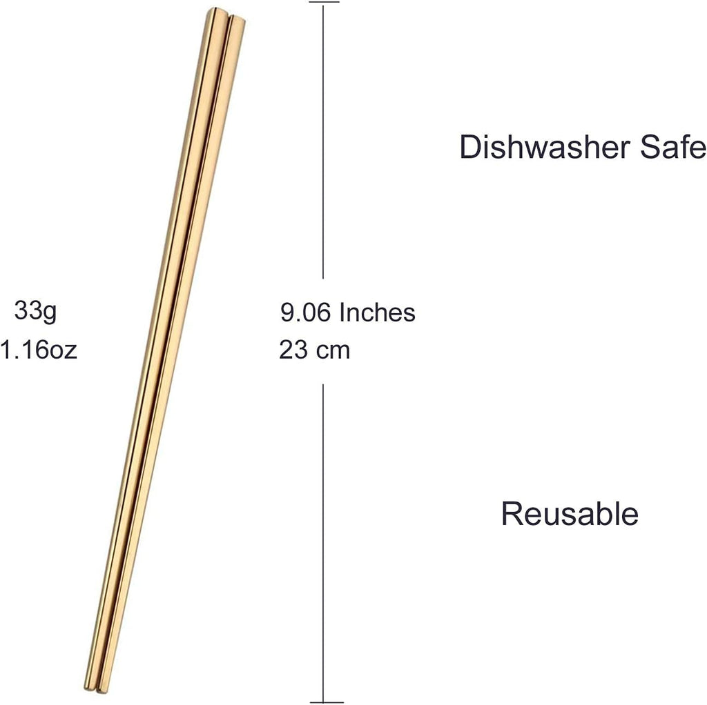 Stainless Steel Chopsticks - 5 Pairs Gold Reusable Dishwasher Safe Chopsticks, 304 Stainless Steel, Easy to Use (No Color Fading)