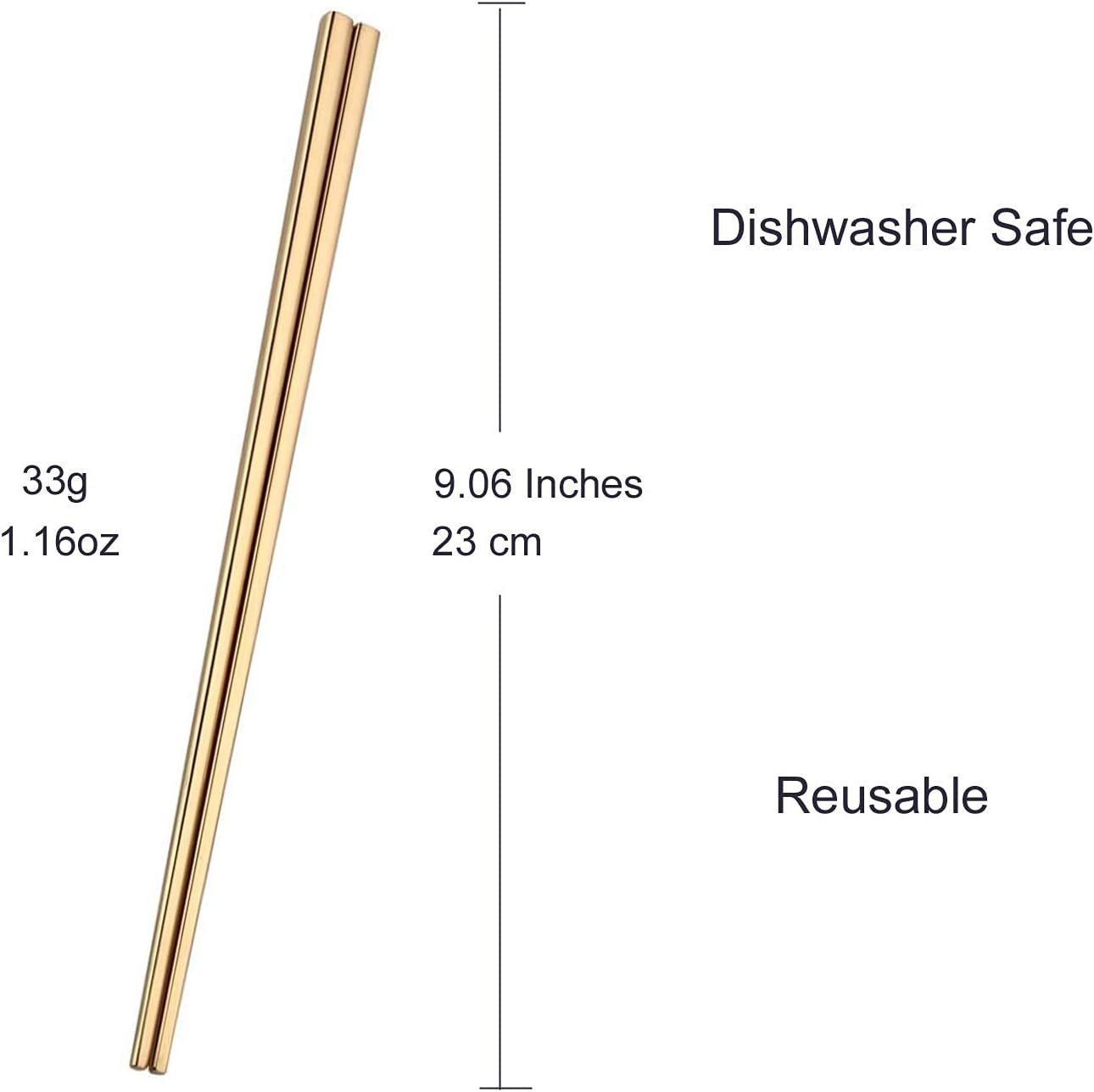 Stainless Steel Chopsticks - 5 Pairs Gold Reusable Dishwasher Safe Chopsticks, 304 Stainless Steel, Easy to Use (No Color Fading)