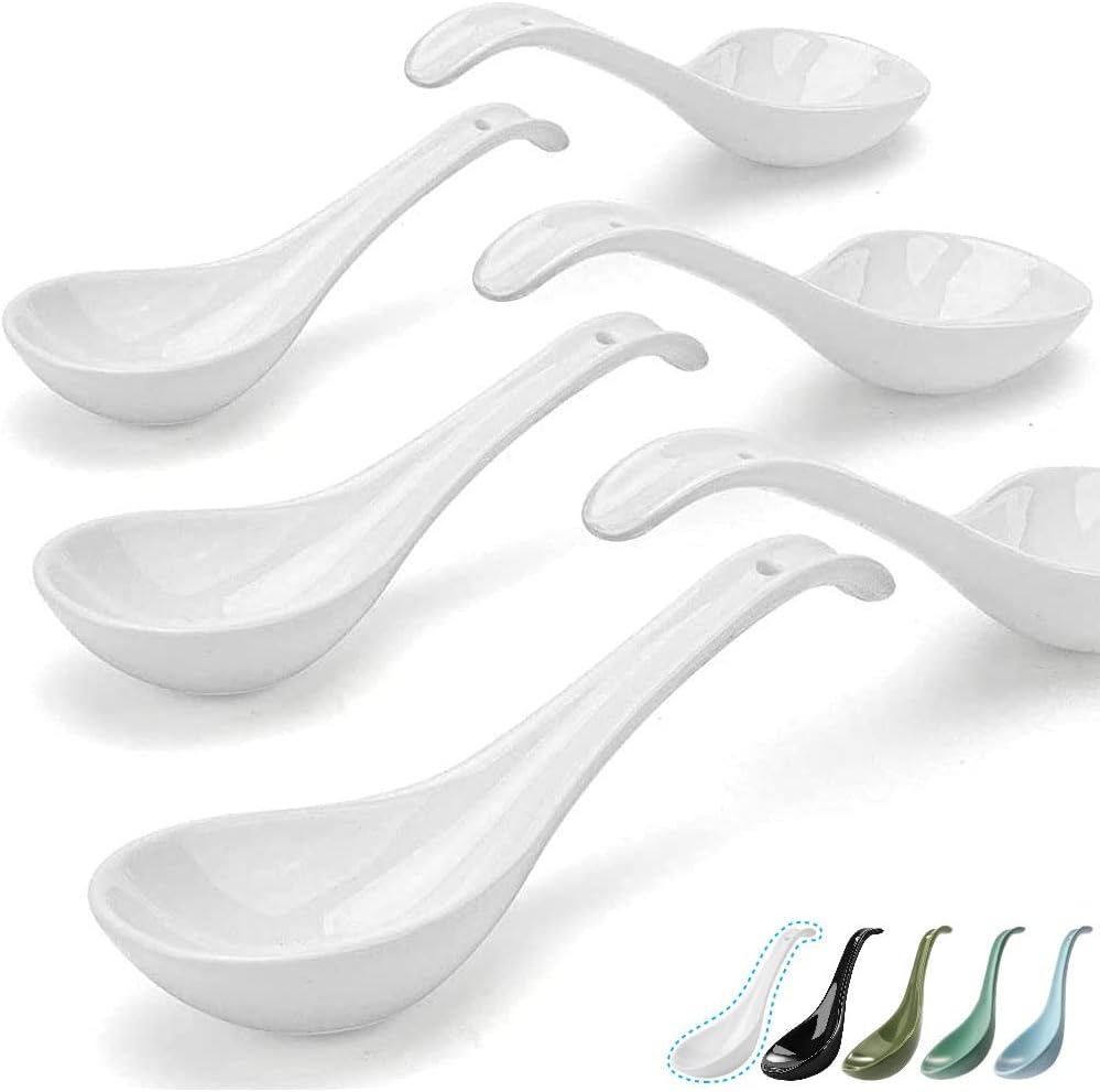 Bright White 6.75 inch Asian Soup Spoons Set of 6, Ultra-fine Porcelain Tablespoon, Chinese/Japanese Kitchen Soup Spoons for Cereal, Small Spoons for Ramen Pho - Deep Oval Hook Design