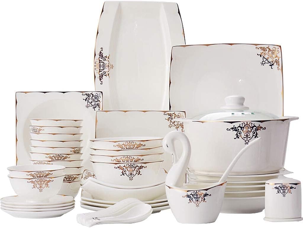 Ceramic Tableware Set with 50 Pieces, Bowl/Soup Pot/Spoon | Bone China Tableware Set, European Porcelain Combination Set