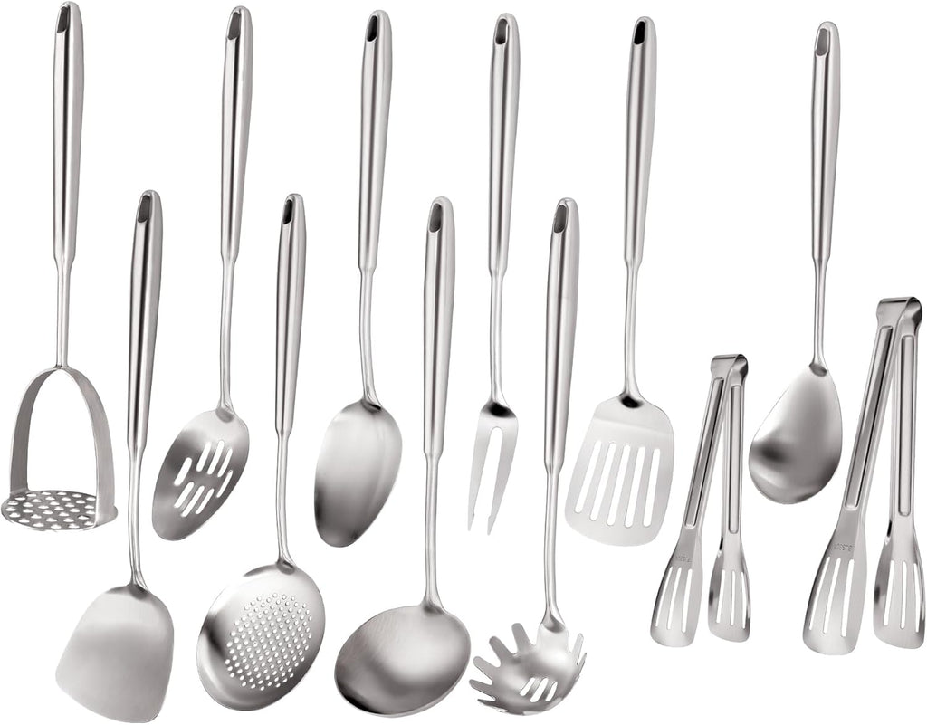 304 Stainless Steel Cooking Utensils Set, Stainless Steel Kitchen Utensils, 12 PCS Long Large Metal Cooking Utensil Tools Set, Potato Masher, Fork, Tongs, Pasta, etc (Dishwasher Safe)