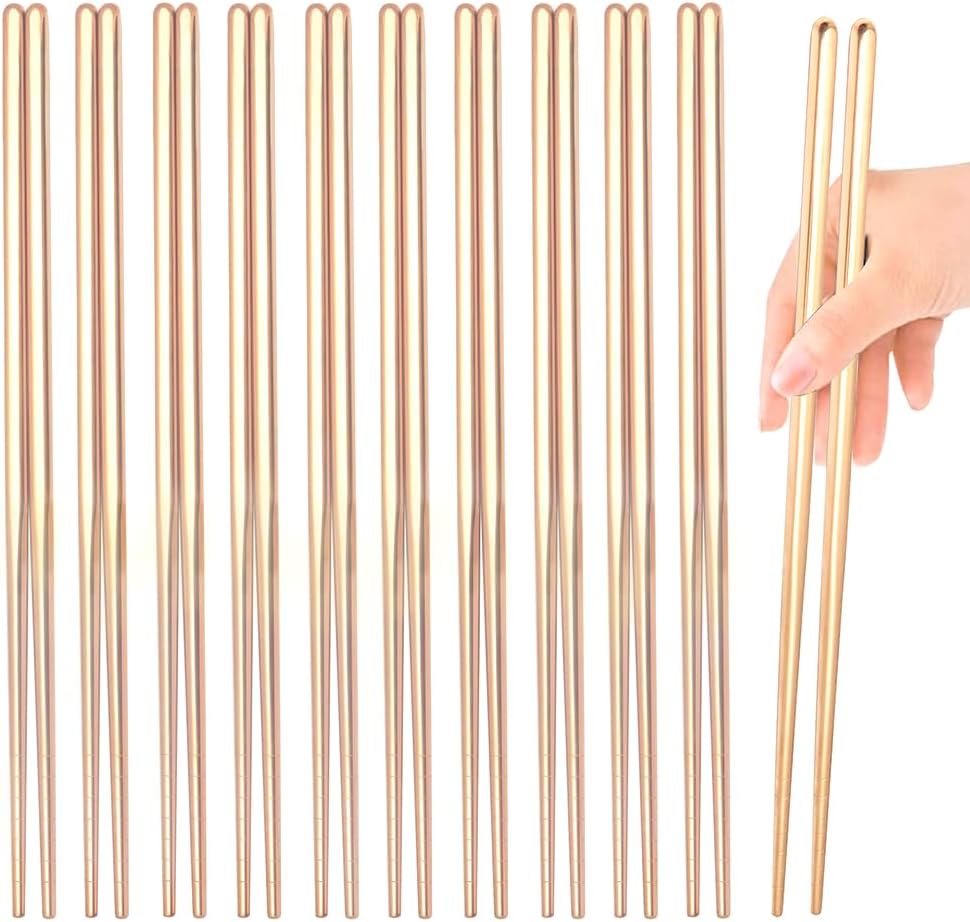 10 Pairs Stainless Steel Chopsticks Reusable,Metal Reusable Chopsticks,9 Inch(Gold Chop sticks reusable dishwasher safe）