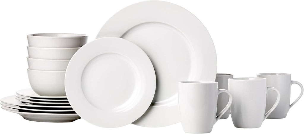 16-Piece Porcelain Kitchen Dinnerware Set with Plates, Bowls and Mugs, Service for 4 - White