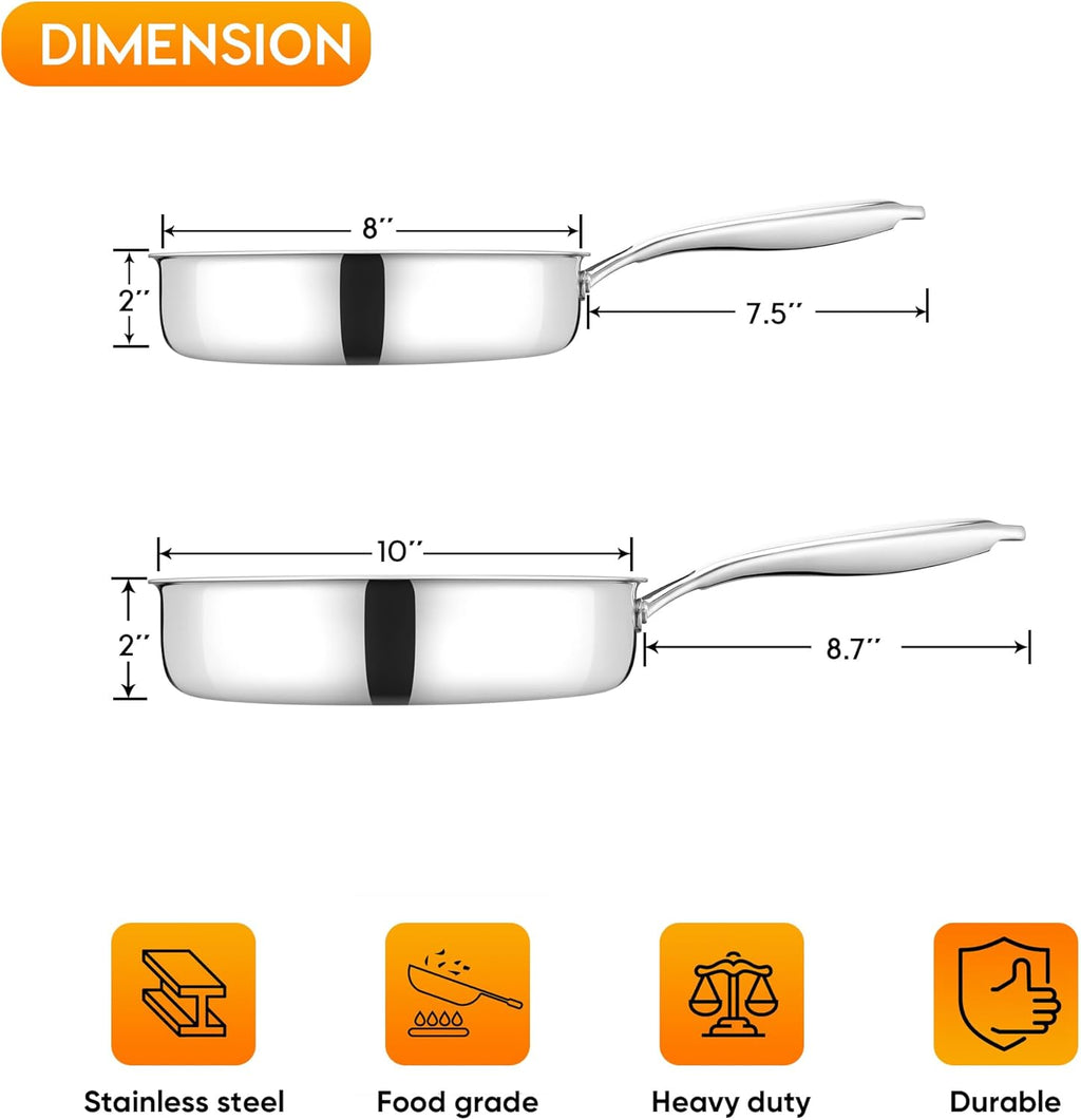 8" and 10" Nonstick Frying Pan Set, Tri-ply Stainless Steel Skillet Fry Pan for Cooking Omelets Egg Steaks, Induction Ready & Oven Safe, Stay-Cool Handle & Compatible with All Stoves