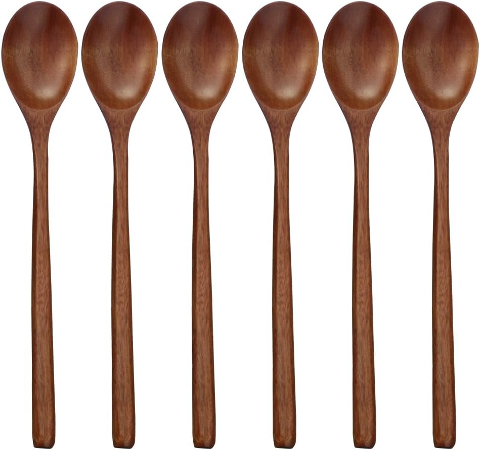 Wooden Spoons, 6 Pieces 9 Inch Wood Soup Spoons for Eating Mixing Stirring, Long Handle Spoon with Japanese Style Kitchen Utensil,  Eco Friendly Table Spoon