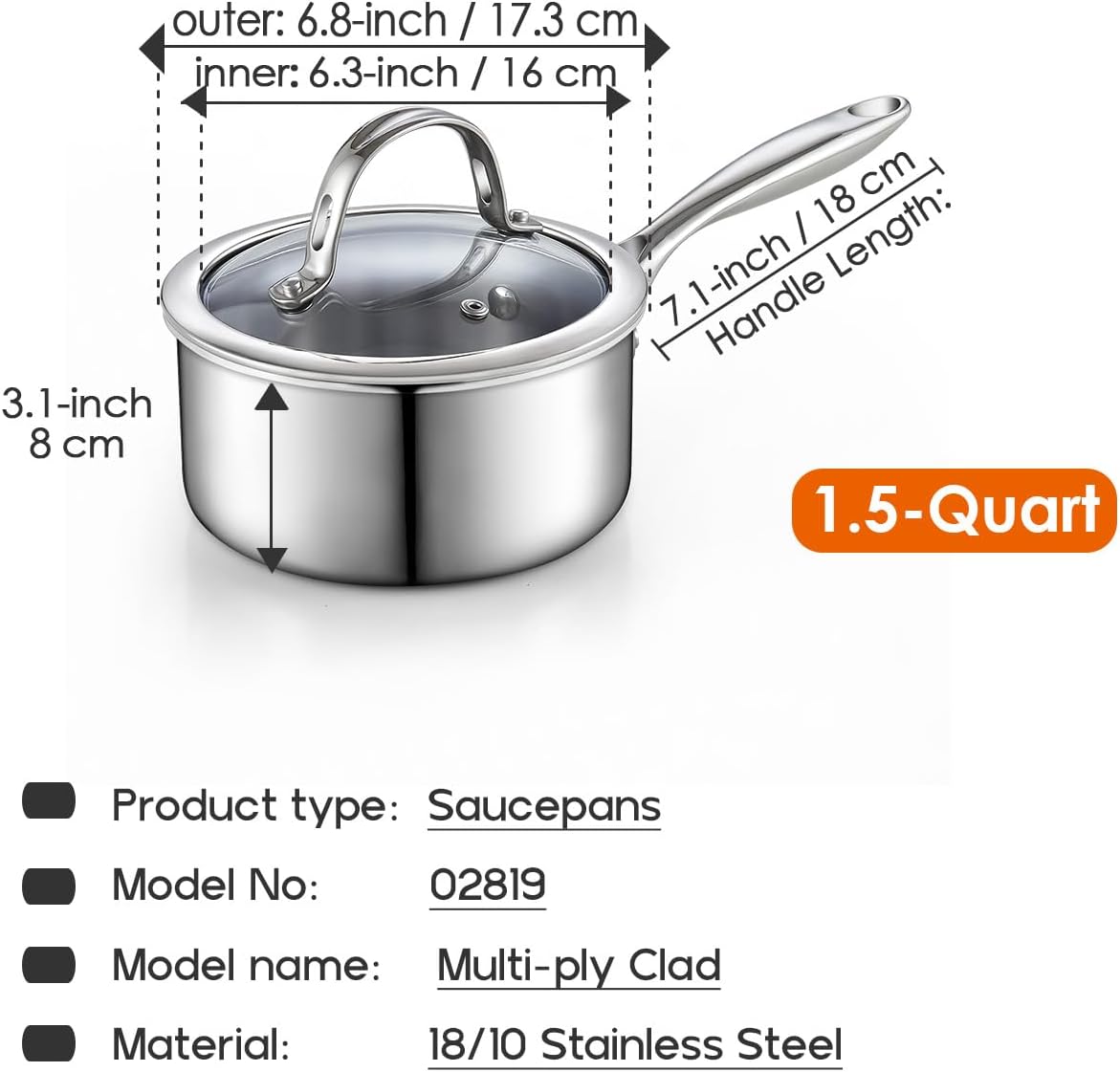 Stainless Steel Saucepan with Lid, Multi-Ply Clad Sauce Pot 1.5-Quart, Silver