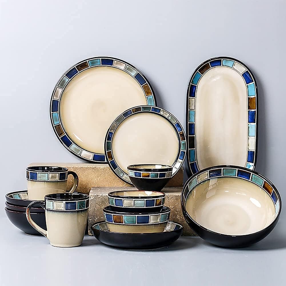 Porcelain Dinnerware SetKitchen Tableware Set,Ceramics Dinnerware Sets, Plates and Bowls Sets | 26 Pcs Blue Kiln Change Glaze Dishes Set - Colorful Plates for Family Outd