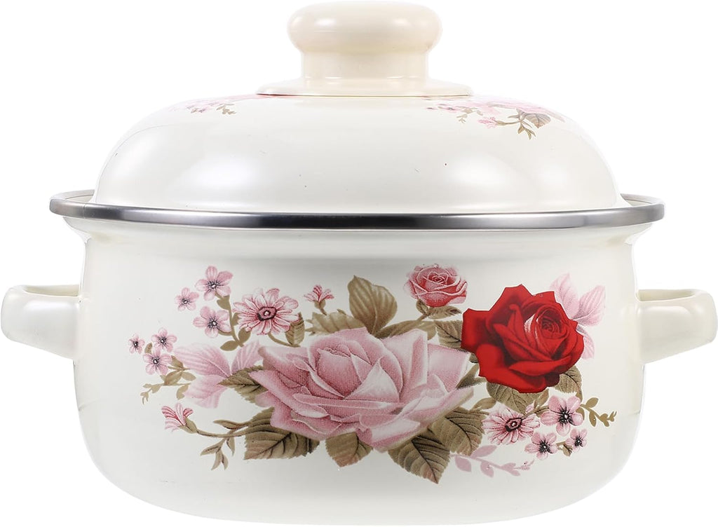 Retro Flower Enamel Stockpot with Lid Oven Safe Cooking Pot Enameled Pot for Stew, Sauce& Reheat Food Colorful