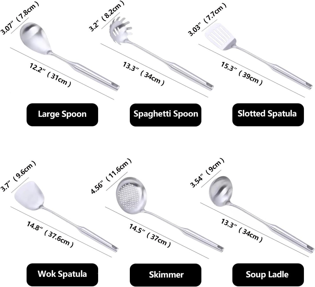 18/10 Stainless Steel Kitchen Utensils Set, 6 Pcs Professional All Metal Cooking Utensils Set 12-15 Inch, Wok Spatula, Ladle, Skimmer, Slotted Spatula Turner, Spaghetti Spoon, Large Spoon