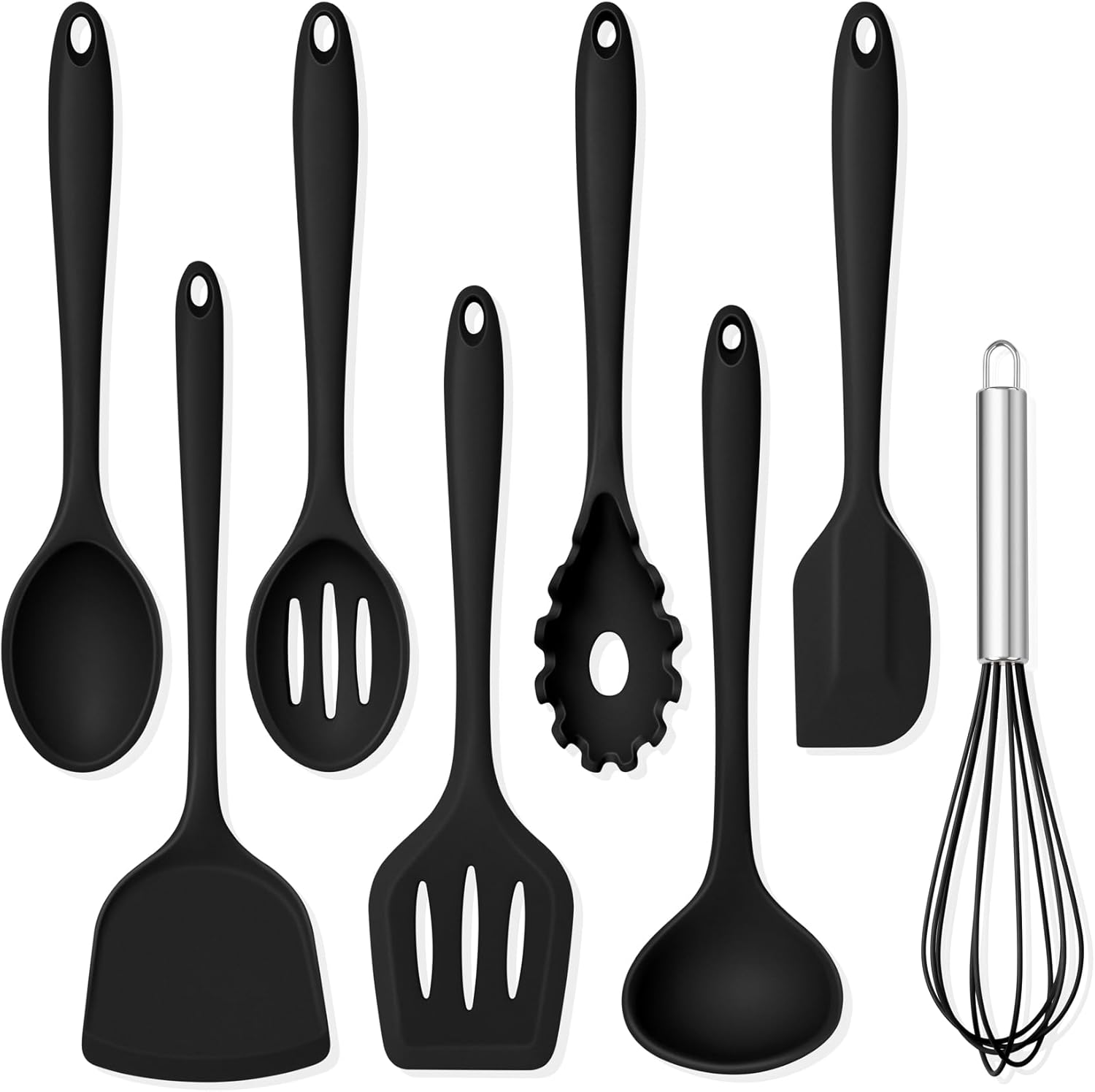 8 PCS Silicone Cooking Utensils - 446°F Heat Resistant Kitchen Silicon Utensils Set, Turner, Spatula, Spoon, Whisk, Kitchen Cooking Gadgets Tools for Nonstick Cookware, Dishwasher Safe-Black