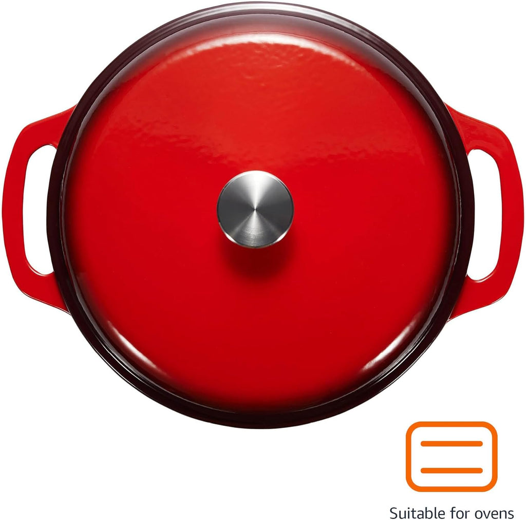 Cast Iron Dutch Oven Pot with Lid, Enameled, Round, Dual Handles, Heavy-Duty, Medium, 6-Quart, Red