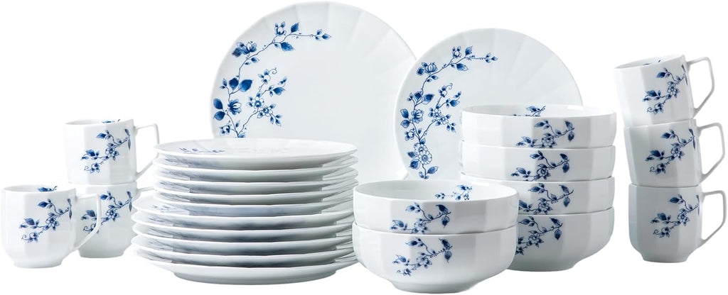 Hong Guanyao Voyage Series 24-Piece Bone China Dinnerware Set - Underglaze Hand-Painted Blue Tableware, 6 Large & 6 Small Plates, 6 Bowls, 6 Cups, Gift Box Packaging