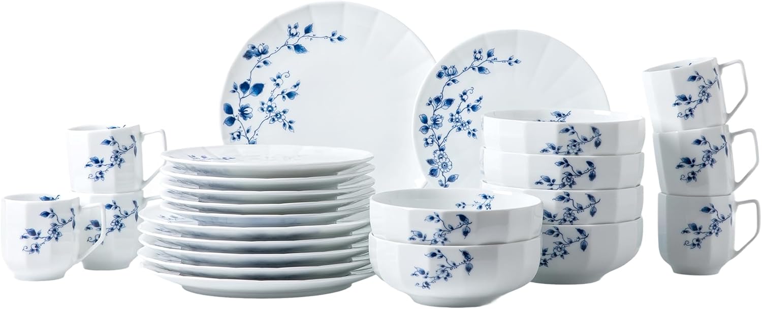 Hong Guanyao Voyage Series 24-Piece Bone China Dinnerware Set - Underglaze Hand-Painted Blue Tableware, 6 Large & 6 Small Plates, 6 Bowls, 6 Cups, Gift Box Packaging