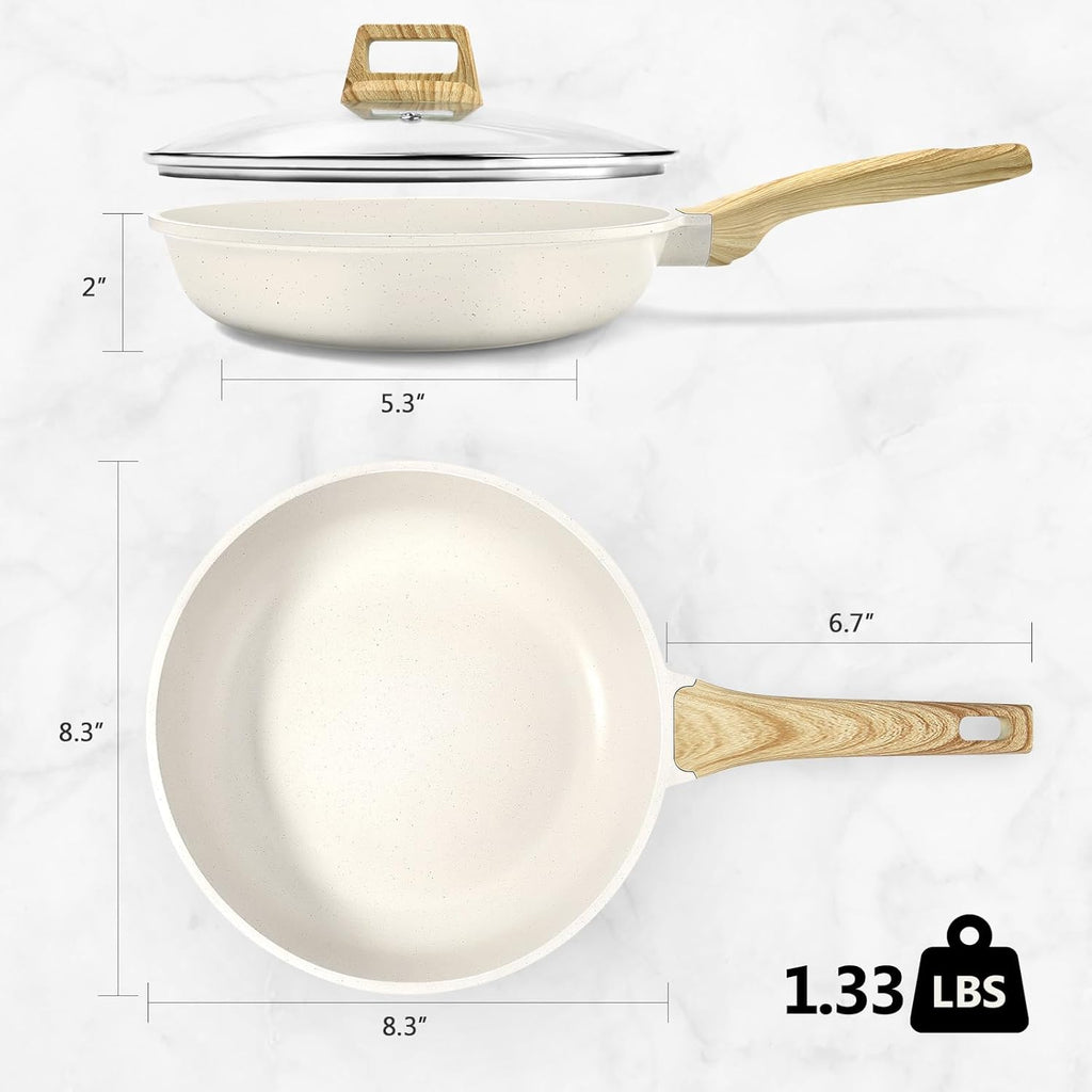 Nonstick Frying Pan Skillet with Lid - 8" White Granite Non Stick Pans, Omelette Pan with Heat-Resistant Handle, Compatible with All Stovetops,  Free