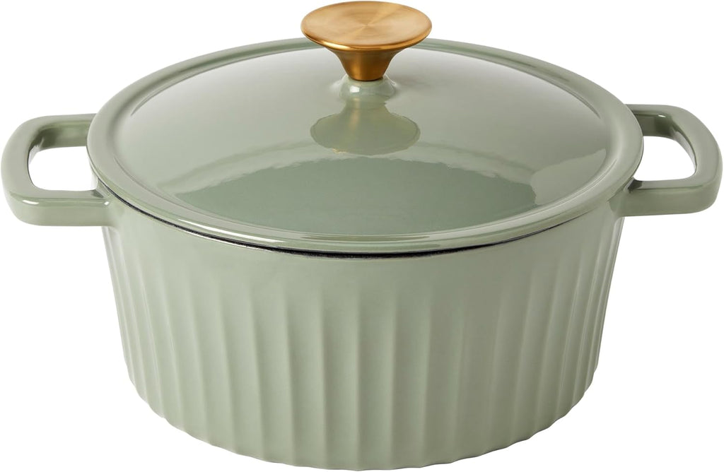 3-Quart Enameled Cast Iron Fluted Dutch Oven Pot with Lid, Sage Green