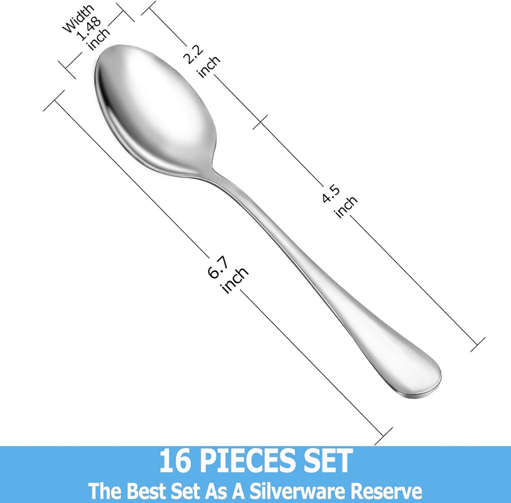 Teaspoon Set,16 Piece 6.7" Spoons Silverware,Premium Food Grade 18/10 Stainless Steel Tea Spoons,Durable Small Spoons,Good Teaspoons,Dessert Spoons,Kitchen Spoons Set,Mirror Finish & Dishwasher Safe