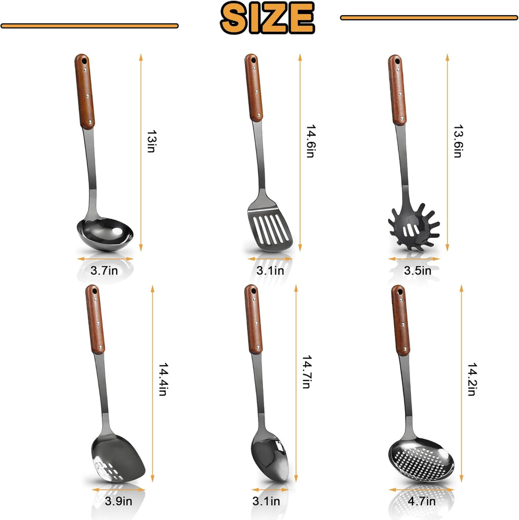 Stainless Steel Mirror Polished Kitchen Utensils Set - 6pcs Cooking Utensils Set with Wooden Handle, Heat Resistant Kitchen Tool Set for Cooking with Turners,Spatula,Ladle,Skimmer,Solid Spoon,Pasta