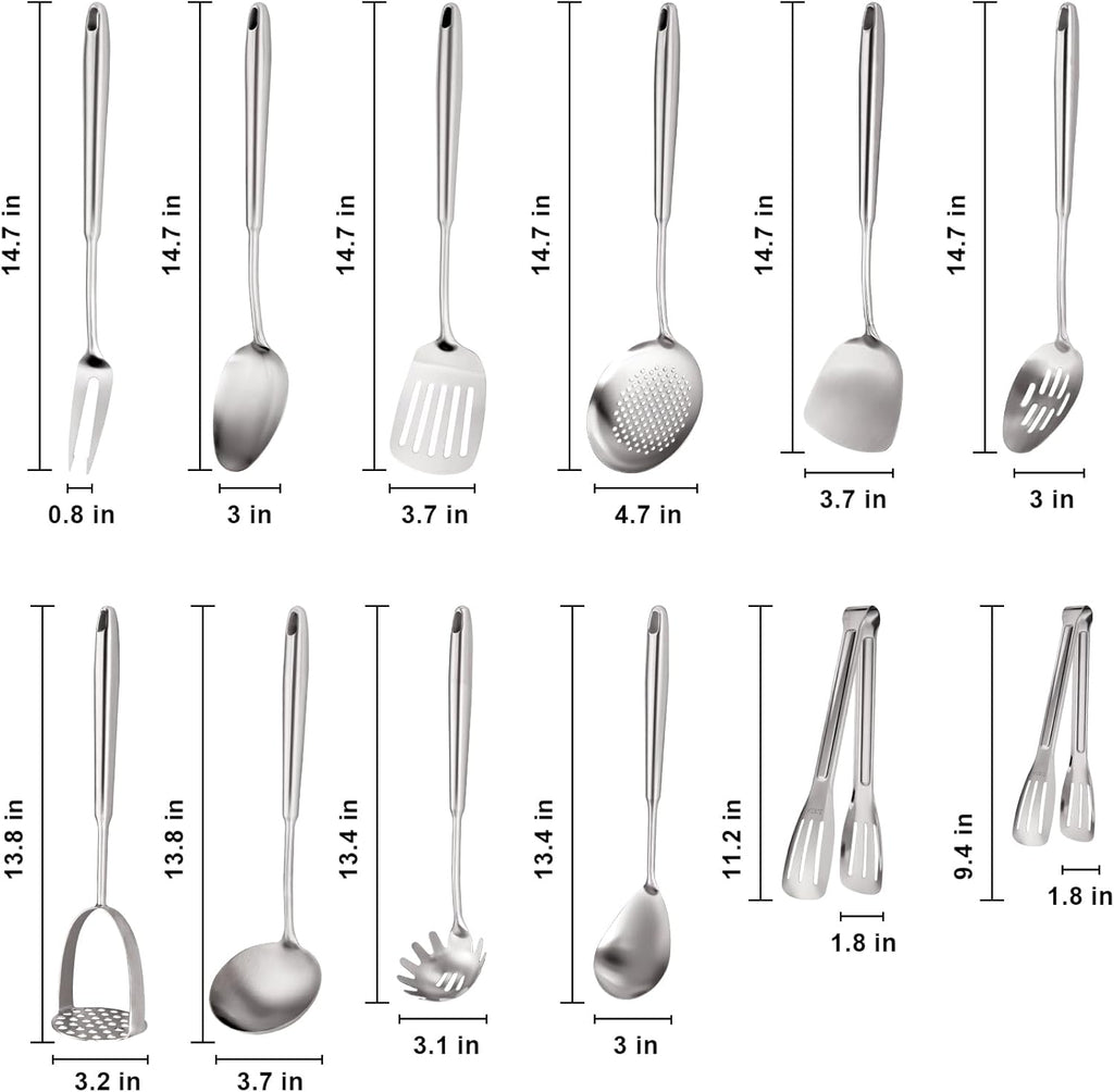 304 Stainless Steel Cooking Utensils Set, Stainless Steel Kitchen Utensils, 12 PCS Long Large Metal Cooking Utensil Tools Set, Potato Masher, Fork, Tongs, Pasta, etc (Dishwasher Safe)