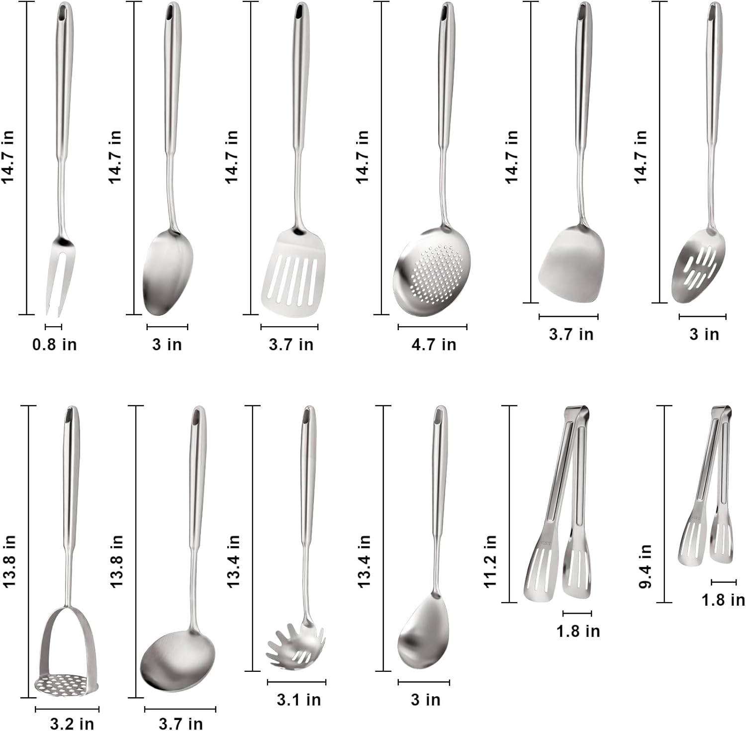304 Stainless Steel Cooking Utensils Set, Stainless Steel Kitchen Utensils, 12 PCS Long Large Metal Cooking Utensil Tools Set, Potato Masher, Fork, Tongs, Pasta, etc (Dishwasher Safe)