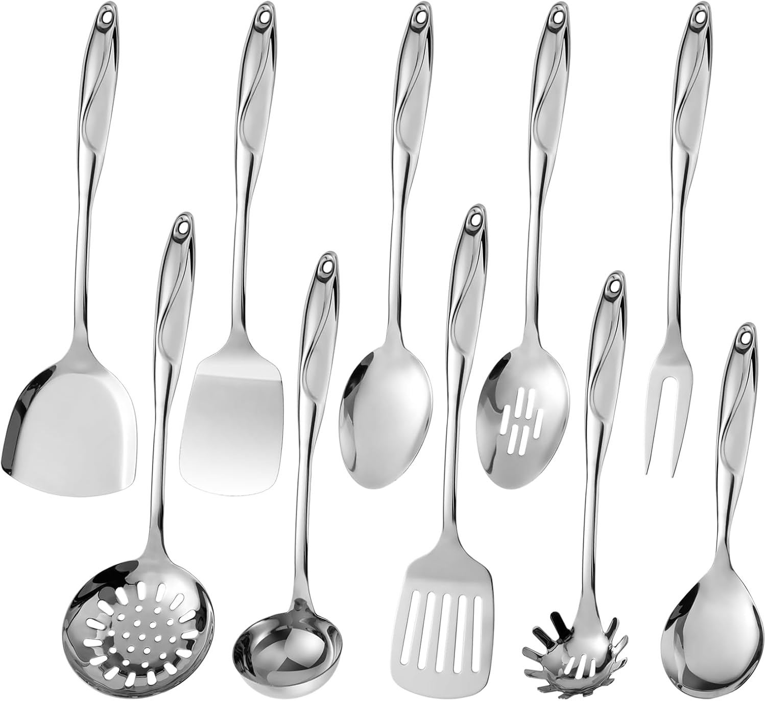 304 Stainless Steel Kitchen Utensils Set, 10 Pcs Metal Cooking Utensil, Mirror Polished Kitchen Gadget Cookware and Kitchen Tool Set, Dishwasher Safe