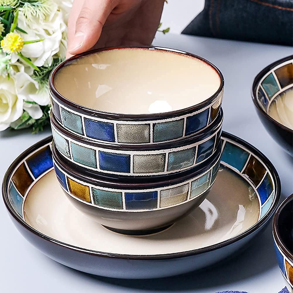 Porcelain Dinnerware SetKitchen Tableware Set,Ceramics Dinnerware Sets, Plates and Bowls Sets | 26 Pcs Blue Kiln Change Glaze Dishes Set - Colorful Plates for Family Outd