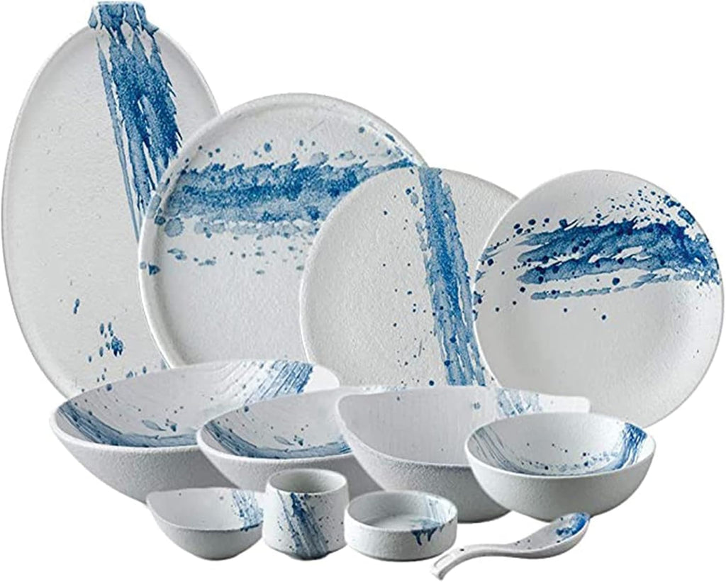 Ceramics Dinnerware Set, Plates and Bowls Sets for Restaurant, 36 Pieces Blue Splash Ink Tableware Combination Set, Matte Irregular Shape Porcelain Dinner Set