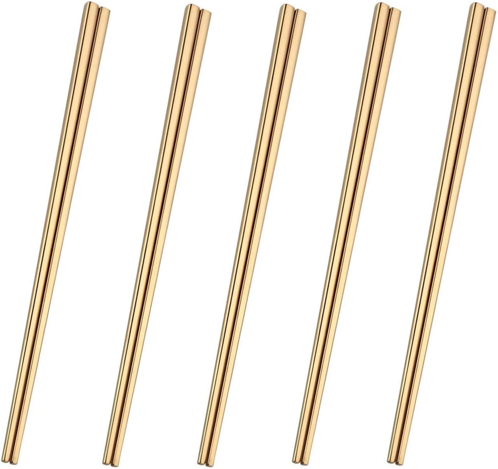 Stainless Steel Chopsticks - 5 Pairs Gold Reusable Dishwasher Safe Chopsticks, 304 Stainless Steel, Easy to Use (No Color Fading)