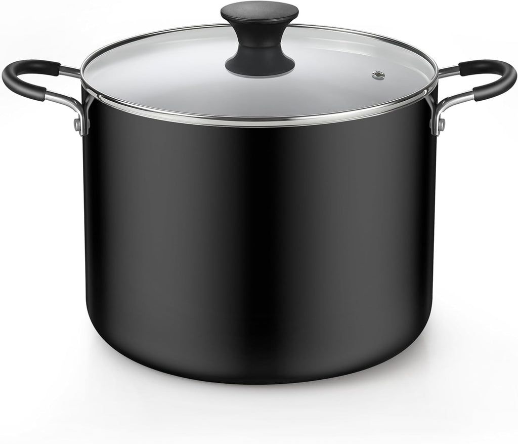 Nonstick Stockpot with Lid 10.5-Qt, Deep Cooking Pot Cookware Canning Stock Pot with Glass Lid, Black