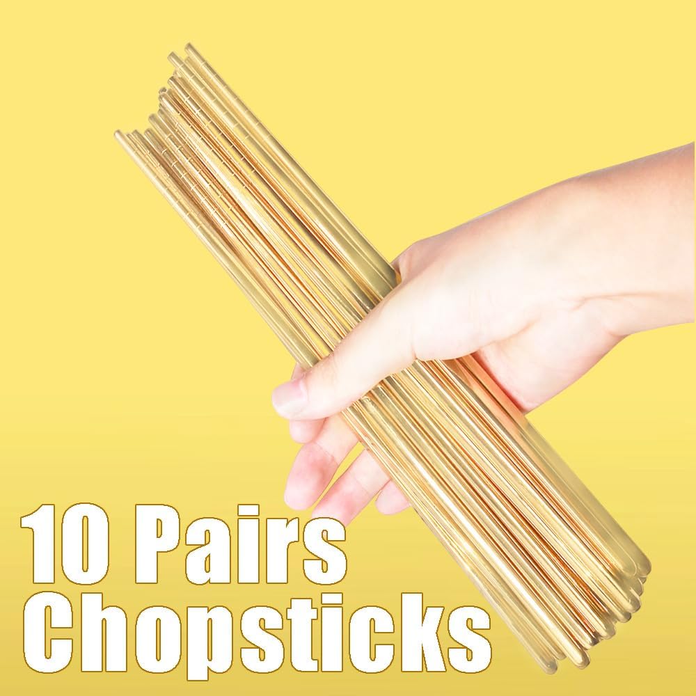 10 Pairs Stainless Steel Chopsticks Reusable,Metal Reusable Chopsticks,9 Inch(Gold Chop sticks reusable dishwasher safe）