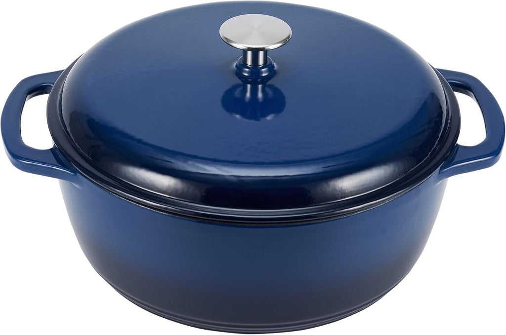 Cast Iron Dutch Oven Pot with Lid, Enameled, Round, Dual Handles, Heavy-Duty, Medium, 6-Quart, Navy