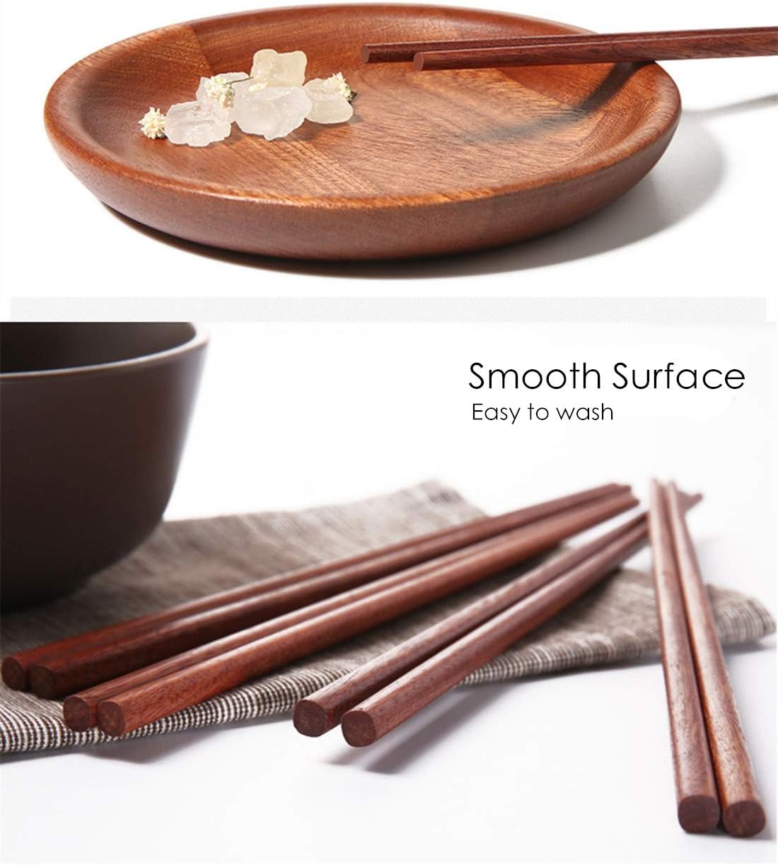 Chopsticks Reusable Chinese Wooden Chopsticks Dishwasher Safe Chopstick,Pack of 10 Natural Health for Cooking Eating,Korean & Japaness Style,9.8 inch Long,Brown
