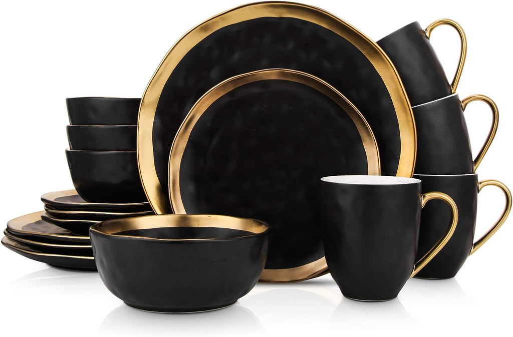 16 Piece Dinnerware Set, Plates and Bowls Set, Dish set for 4, Black And Golden Rim
