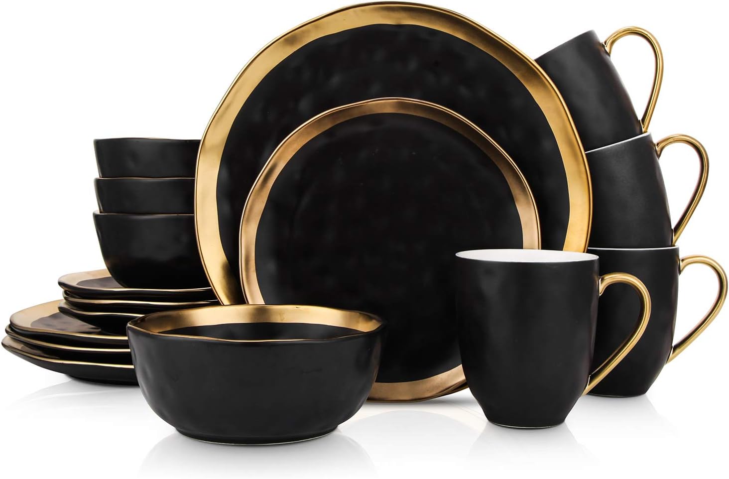 16 Piece Dinnerware Set, Plates and Bowls Set, Dish set for 4, Black And Golden Rim