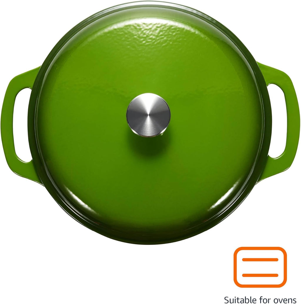 Cast Iron Dutch Oven Pot with Lid, Enameled, Round, Dual Handles, Heavy-Duty, Medium, 6-Quart, Green