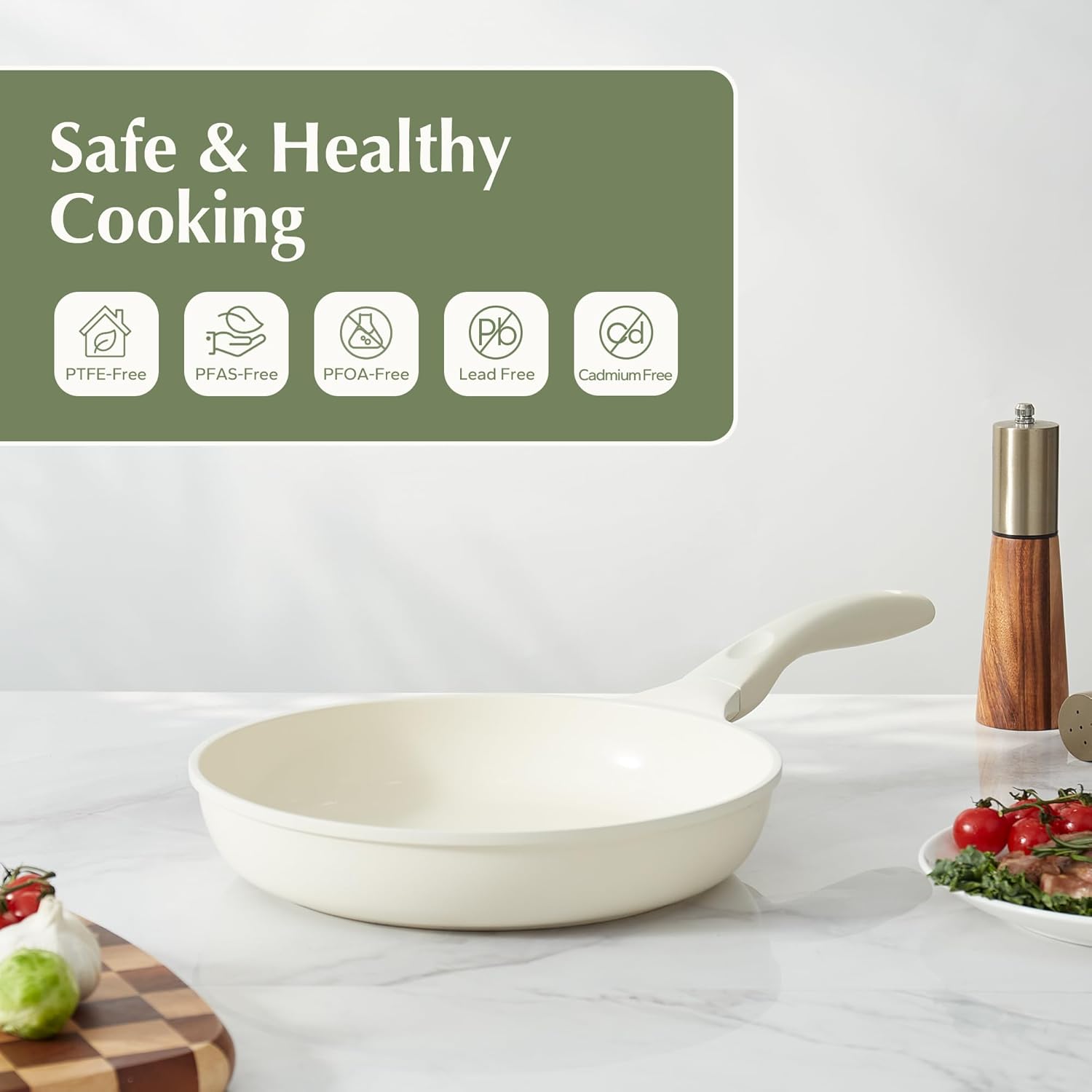 Ceramic Pan Nonstick, Nonstick Frying Pan, Large Fry Pans,  & -Free, Non-Toxic, Induction Compatible Pans, Ergonomic Handles, Suitable for All Stove, Beige White, 11"