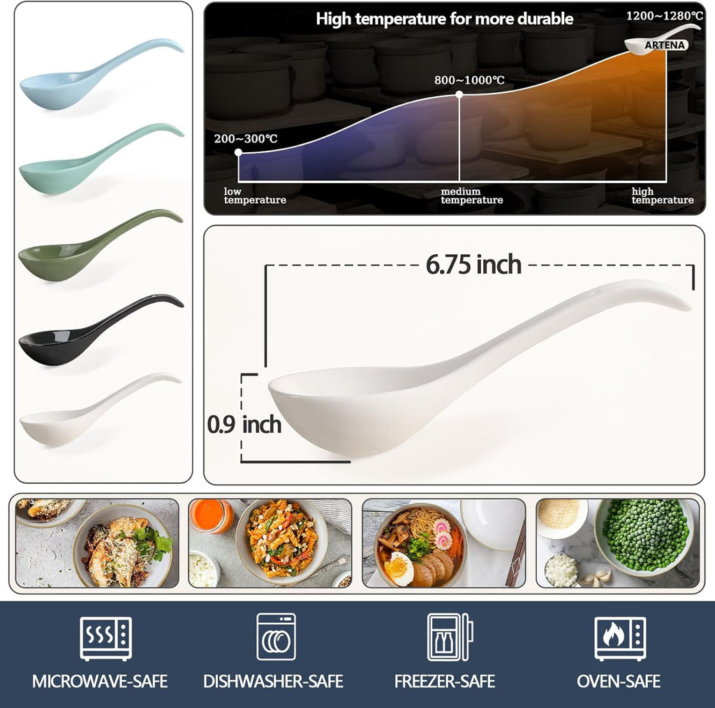 Bright White 6.75 inch Asian Soup Spoons Set of 6, Ultra-fine Porcelain Tablespoon, Chinese/Japanese Kitchen Soup Spoons for Cereal, Small Spoons for Ramen Pho - Deep Oval Hook Design