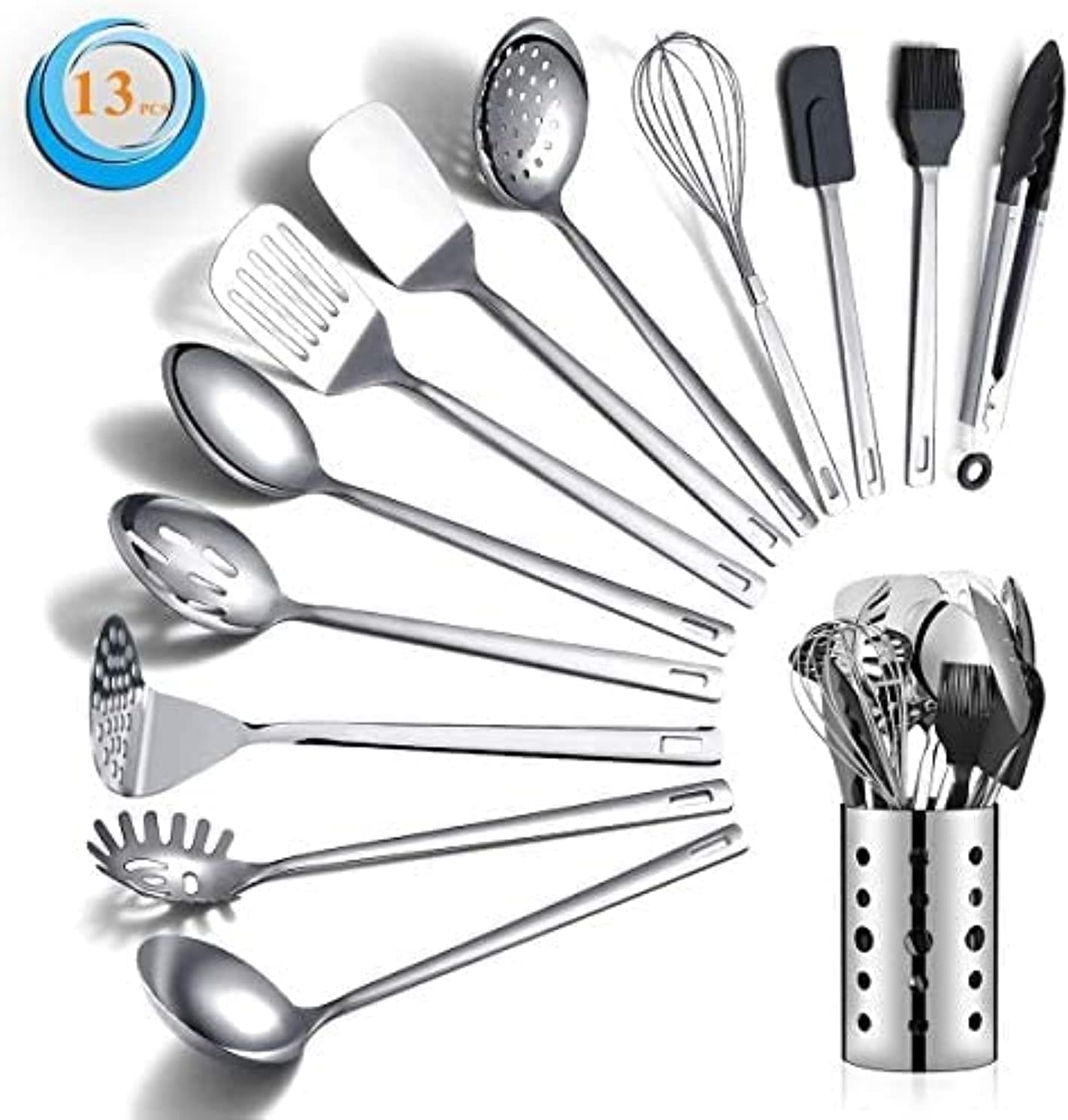 Stainless Steel Cooking Utensils Set,  13 Pieces Kitchen Utensils Set, Kitchen Tools Set With Utensil Holder Non-Stick And Heat Resistant,Dishwasher Safe, Easy to Clean (13 Packs)