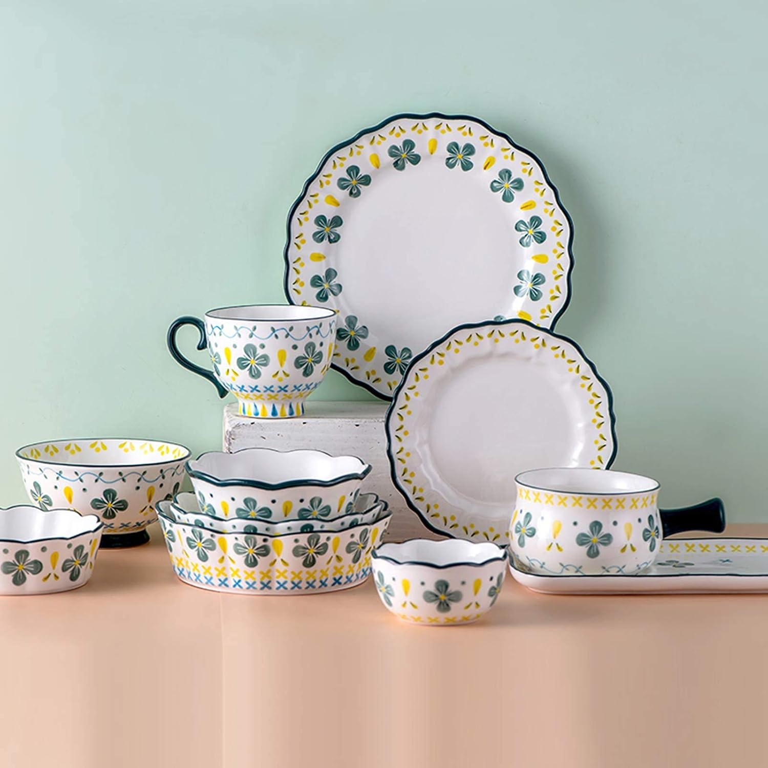 Plate and Bowl Set Kitchen Tableware Set,Ceramics Dinner Sets, 33 Pieces Four Leaf Clover Pattern Cereal Bowl and Steak Plate Set | Porcelain Dinnerware Set for Wedding H