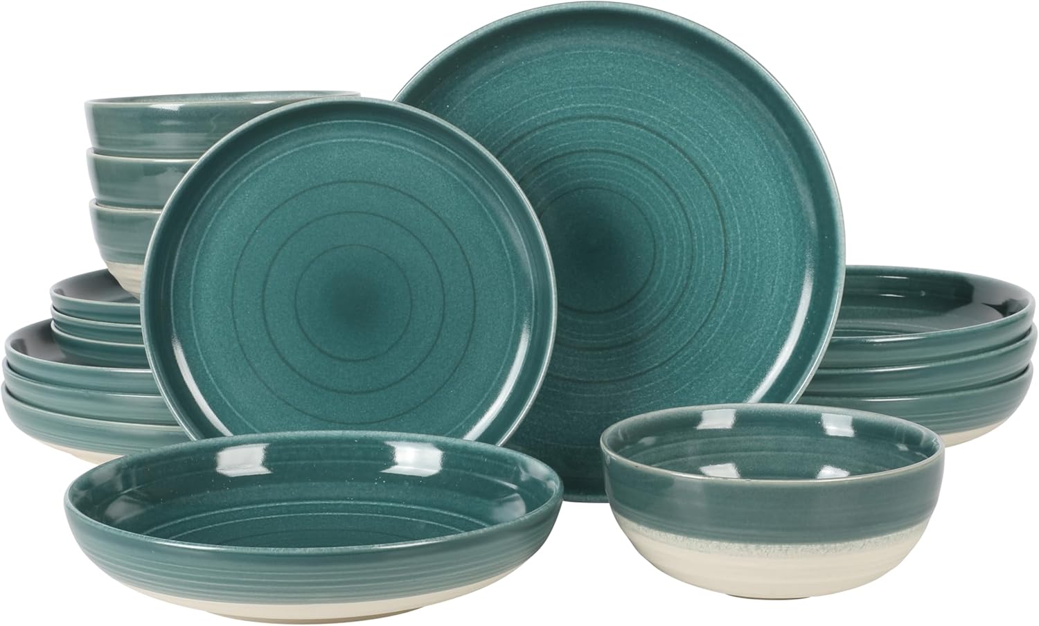 16 Piece Double Bowl Stoneware Reactive Glaze Round Plates and Bowls Dinnerware Set - Teal