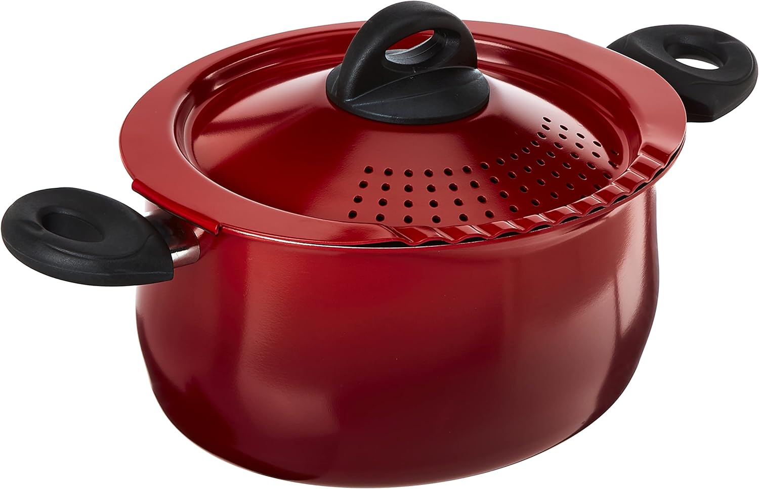 5.5 Quart Pasta Pot with Strainer Lid, Red – Elongated Oval Pot for Longer Spaghetti, Lasagna, Penne & Farfalle Noodles, Heat Resistant Handles & Nonstick Interior, Large Pot for Cooking