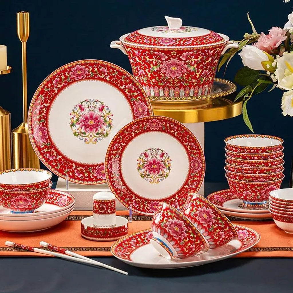 70 Pieces Chinese Bone China Dinnerware Set Enameled Bowl, Plate and Dish Combo Tableware Set Wedding Housewarming Gift