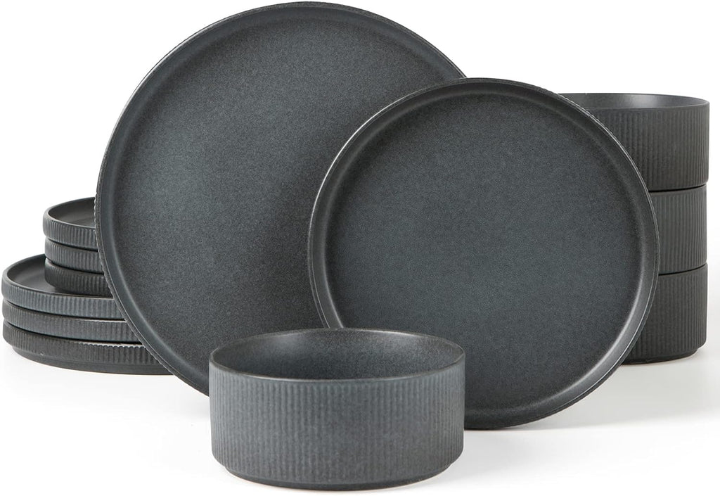 Dinnerware Sets, Plates and Bowls Set for 4, 12 Pieces Dish Set - Chip and Scratch Resistant, Microwave and Dishwasher Safe Kitchen Set, Matte Dark Choal