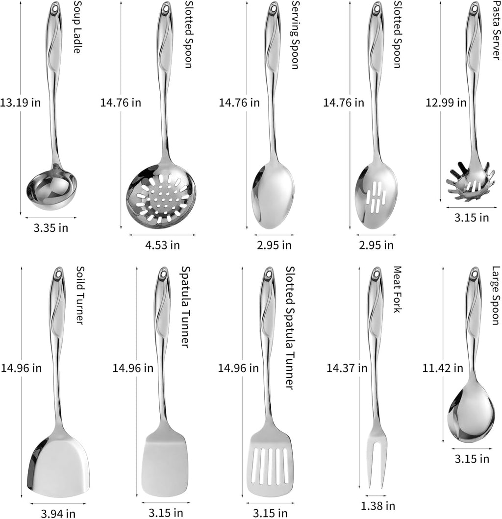 304 Stainless Steel Kitchen Utensils Set, 10 Pcs Metal Cooking Utensil, Mirror Polished Kitchen Gadget Cookware and Kitchen Tool Set, Dishwasher Safe