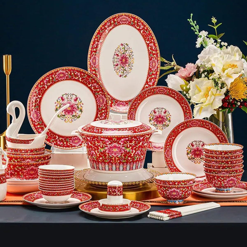 70 Pieces Chinese Bone China Dinnerware Set Enameled Bowl, Plate and Dish Combo Tableware Set Wedding Housewarming Gift