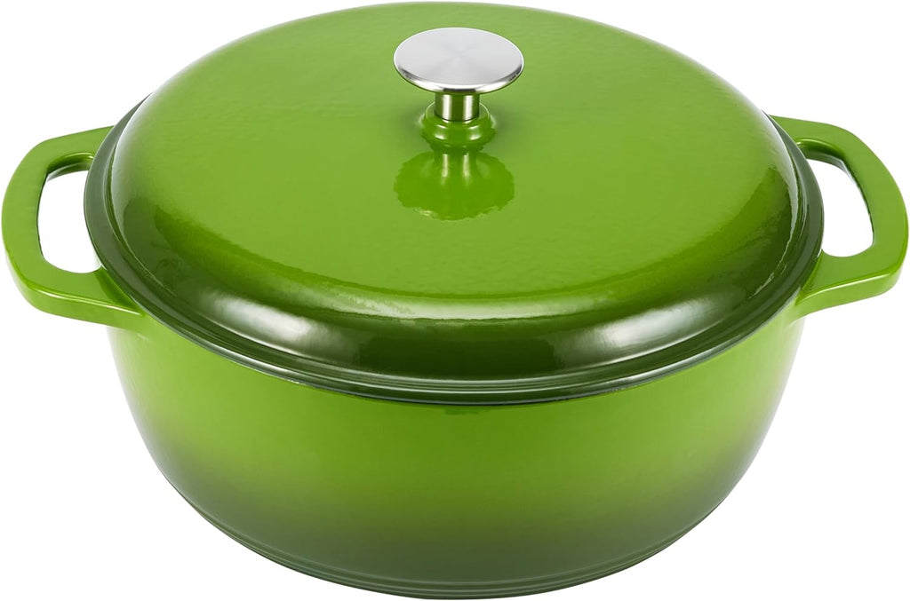 Cast Iron Dutch Oven Pot with Lid, Enameled, Round, Dual Handles, Heavy-Duty, Medium, 6-Quart, Green