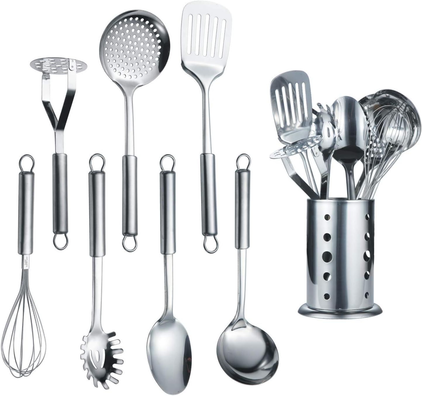 Cooking Utensil Set 8 Piece, Stainless Steel Kitchen Tool Set with Stand,Cooking Utensils, Slotted Tuner, Ladle, Skimmer, Serving Spoon, Pasta Server,Potato Maseher, Egg Whisk. （8 Pieces）