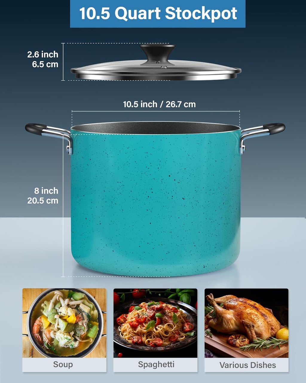 Nonstick Stockpot with Lid 10.5-Qt, Professional Deep Cooking Pot Cookware Canning Stock Pot with Glass Lid, Turquoise
