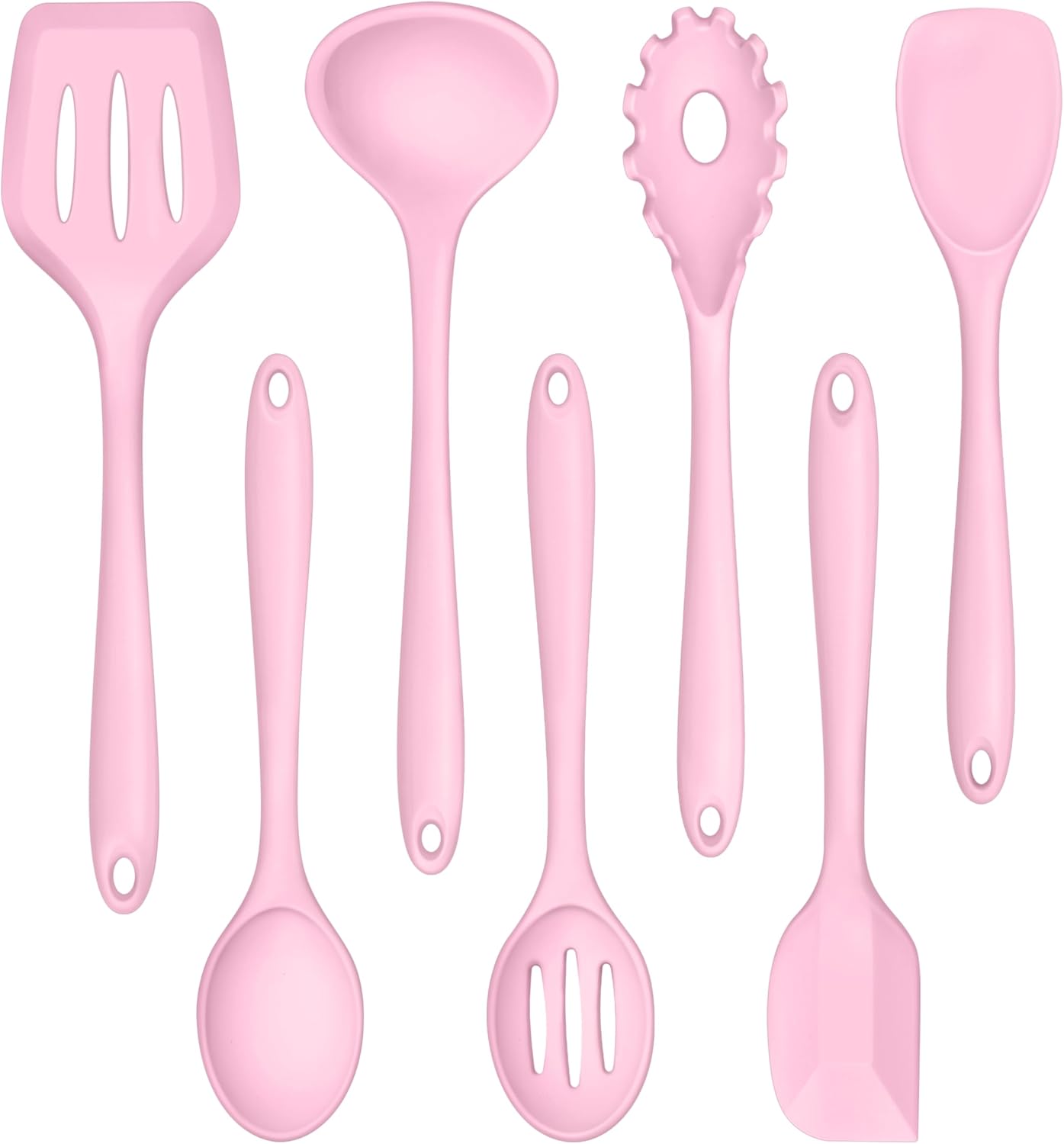 Silicone Cooking Utensil Set of 7, Kitchen Nonstick Tools Turner Spoon Spatula Ladle Pasta Server for Nonstick Cookware, Healthy & One-Piece, Anti-Heat & Dishwasher Safe - Pink