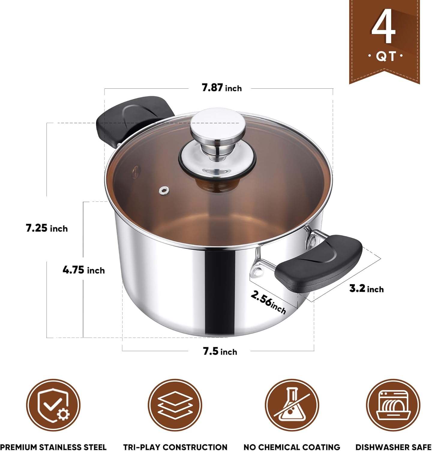 4-Qt Stock Pot, Triply Stainless Steel Stockpot with Glass Lid & Stay-Cool Handles for Cooking Simmering Soup Stew, Heavy Duty Cookware Works w/Induction, Non-toxic & Dishwasher Safe