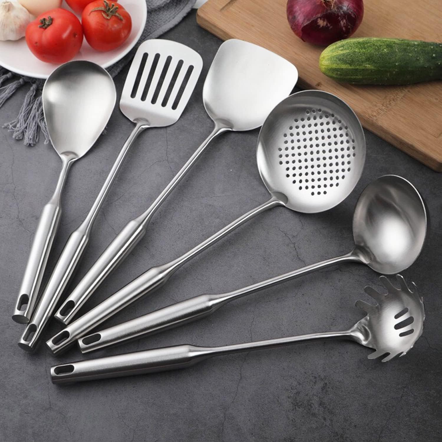 18/10 Stainless Steel Kitchen Utensils Set, 6 Pcs Professional All Metal Cooking Utensils Set 12-15 Inch, Wok Spatula, Ladle, Skimmer, Slotted Spatula Turner, Spaghetti Spoon, Large Spoon